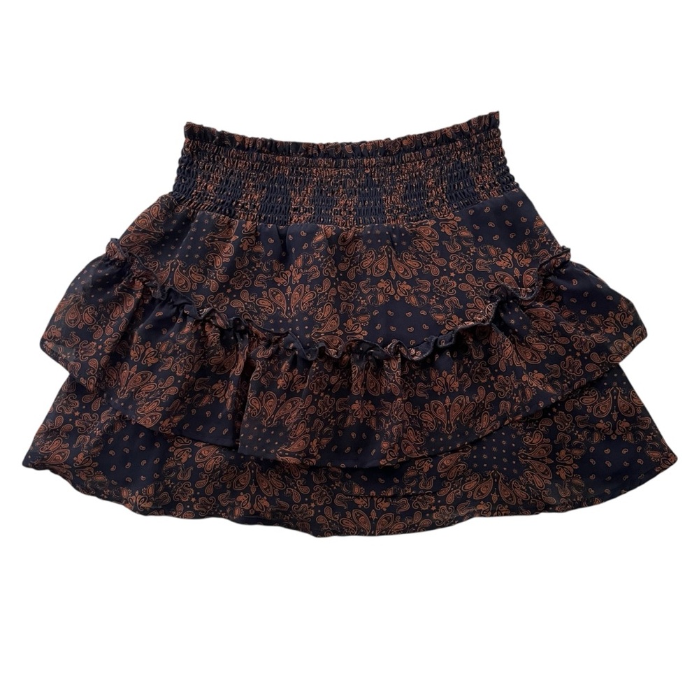 Altar’d State Womens XS Navy Blue Brown Paisley Ruffle Tiered Smocked Mini Skirt